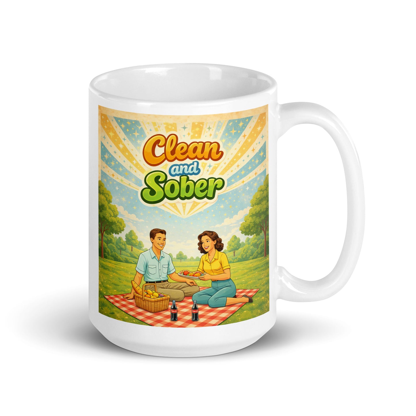 Mug with a graphic of a sober couple having a picnic and the text 'Clean and Sober' on a white background.