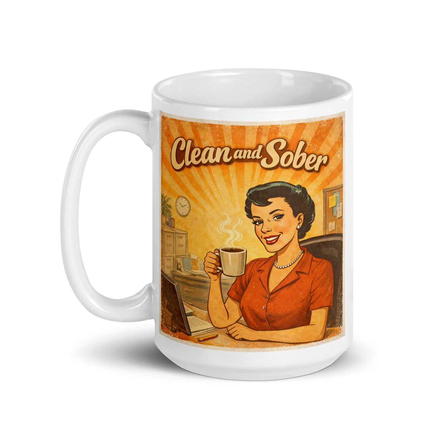 Mug with a retro-style illustration of a woman holding a coffee cup and the text 'Clean and Sober' on an orange sunburst background.