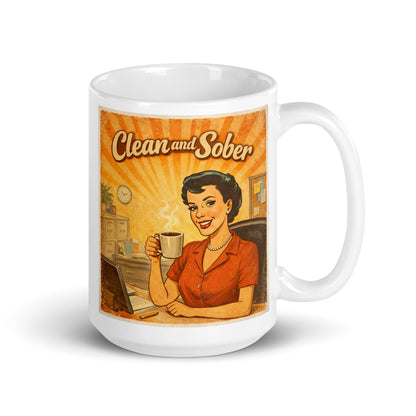Mug with a retro-style design of a woman holding a coffee cup and the text 'Clean and Sober' on an orange background.
