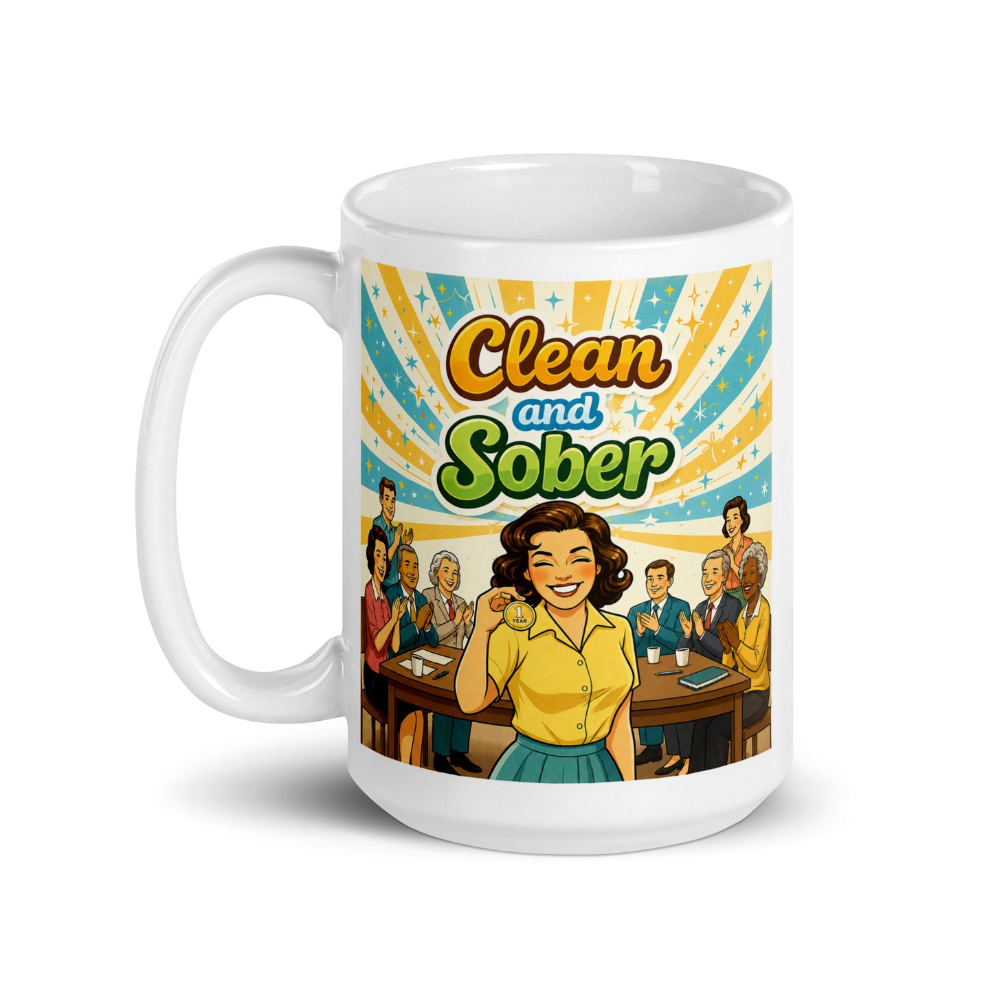 Retro 70s-style Clean and Sober illustration featuring a smiling woman holding a one-year sobriety medallion while surrounded by applause beneath colorful vintage sunburst graphics.