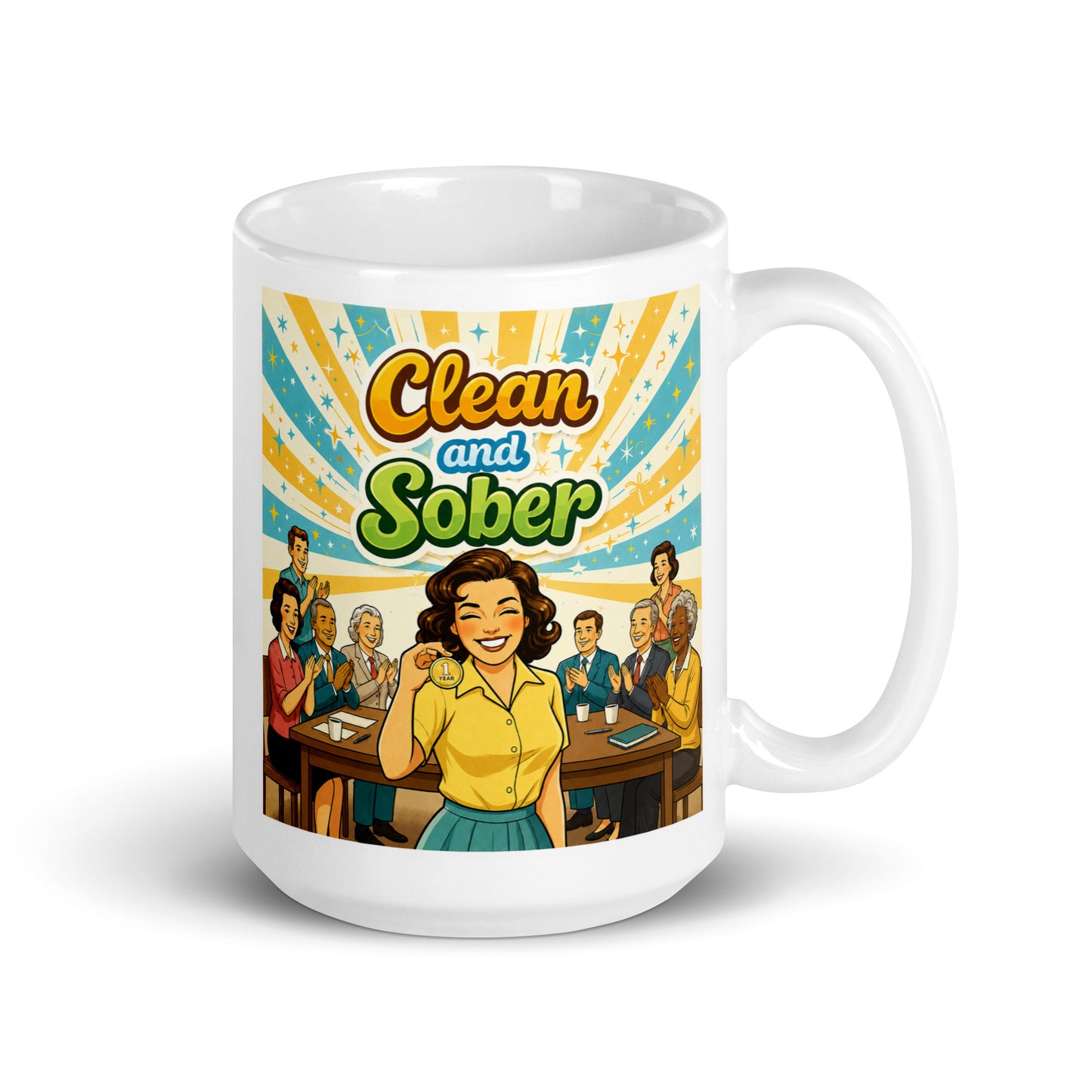 Retro 70s-style Clean and Sober illustration featuring a smiling woman holding her one-year sobriety medallion while surrounded by applauding members beneath colorful vintage sunburst graphics.