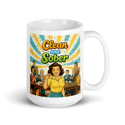 Retro 70s-style Clean and Sober illustration featuring a smiling woman holding her one-year sobriety medallion while surrounded by applauding members beneath colorful vintage sunburst graphics.