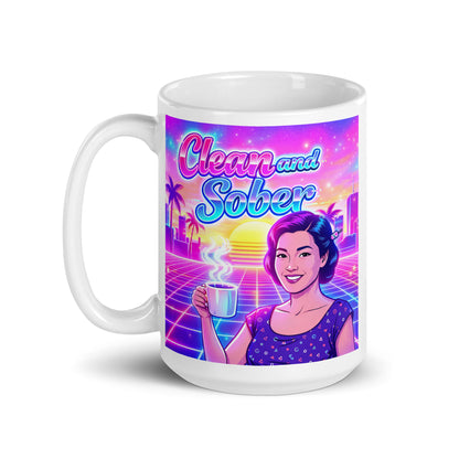 Mug with a retro-themed design featuring a woman holding a coffee cup and the text 'Clean and Sober'. Bright neon colors.