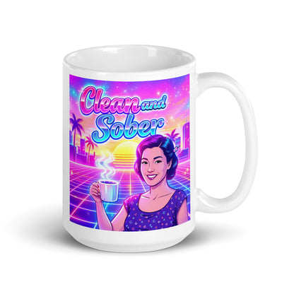 Mug with a retro-themed design featuring a woman holding a coffee cup and the text 'Clean and Sober'. Synthwave design.