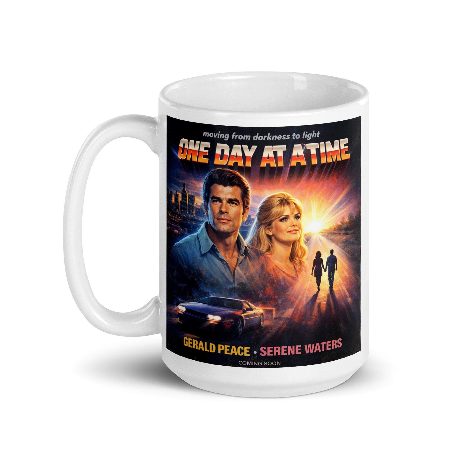 Mug with 'One Day at a Time' movie poster design featuring a couple and text. Starring Gerald Peace and Serene Waters.