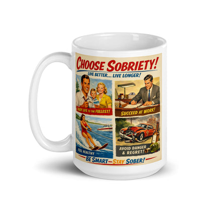 Mug with vintage-style anti-alcohol advertisement design on a white background. Caption is Enjoy life to the fullest.