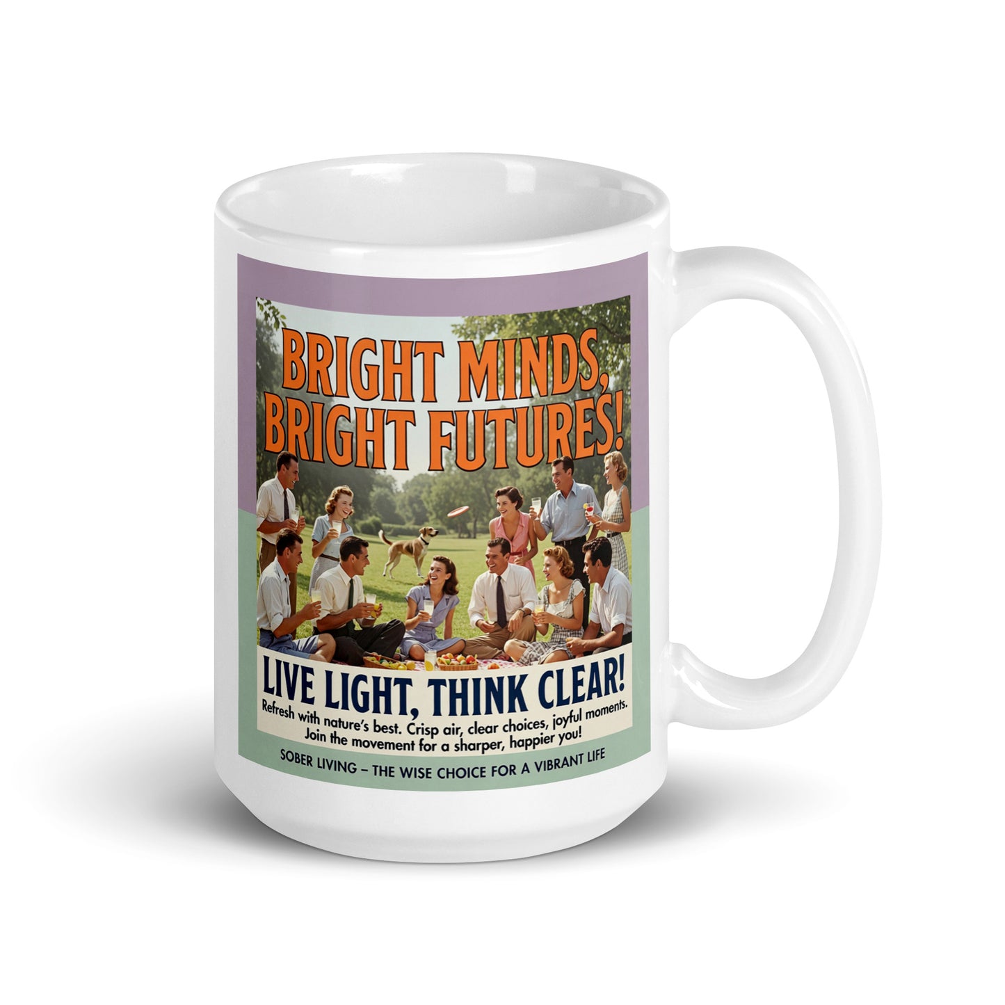 Mug with a graphic of people at a picnic and text about bright minds and futures on a white background. Caption: Bright futures.