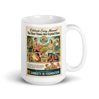 White mug with a vintage-style advertisement for the Sobriety Foundation on a white background. Caption: The Best Times are Crystal Clear.