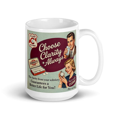 Mug with retro-style advertisement graphic on a white background. Caption is Stay Sharp, Stay Sober.