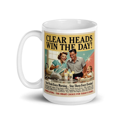 Mug with vintage-style graphic and text on a white background. Sober Living.