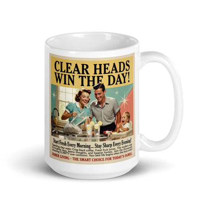 Mug with vintage-style advertisement featuring a couple and child in a kitchen. Caption: The Smart Choice