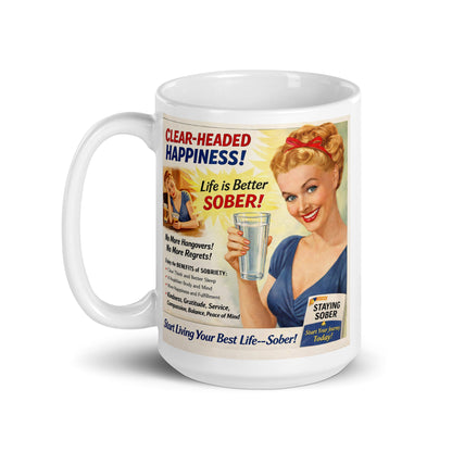 Mug with vintage-style advertisement featuring a woman holding a glass of water, promoting sobriety. Starting your best life.
