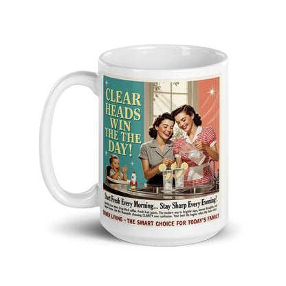 Mug with retro design featuring two women and text on a white background. Stay fresh, stay sharp.