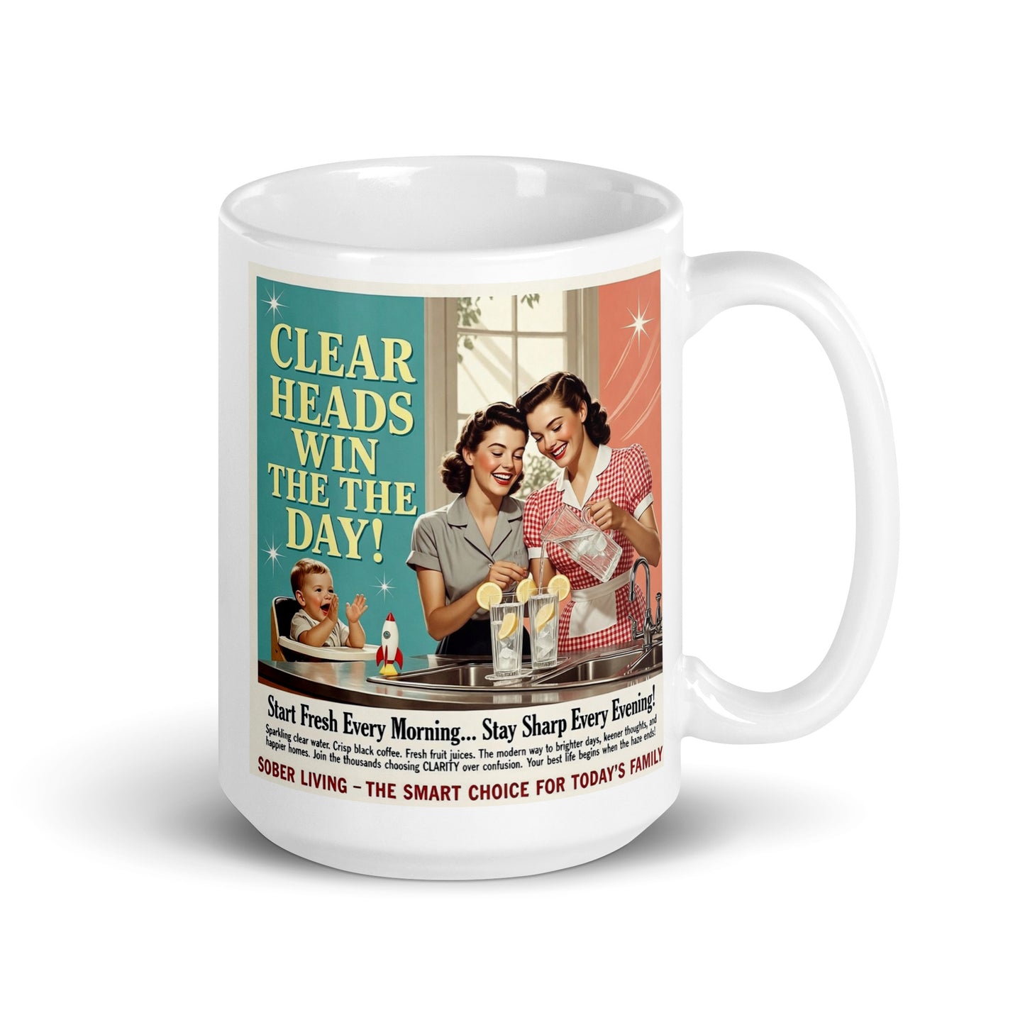 Mug with retro-style graphic of two women and a child, featuring text about clear heads and a brand name. Stay sharp.