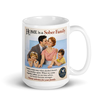 Mug with a family photo and text about sobriety on a white background. Caption: choose sobriety for your family.