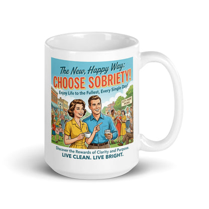 Mug with vintage-style design featuring a couple and text about sobriety on a white background. Caption: Live clean