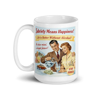 Mug with retro-style design featuring a couple and text about sobriety on a white background. Caption: Stay sober.