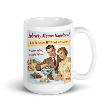 Mug with retro-style design featuring a couple and text about sobriety on a white background. A clear mind, a bright future.