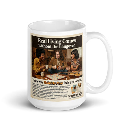 Mug with a graphic of people playing a board game and text about sobriety on a white background. Caption: For the person of tomorrow.