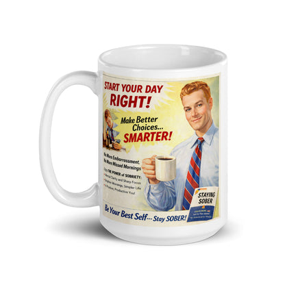 Mug with vintage-style advertisement featuring a man holding a coffee cup on a white background. Caption: Be your best self.