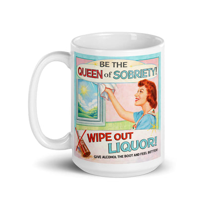 Mug with vintage-style poster design encouraging sobriety on a white background. Caption: Give alcohol the boot