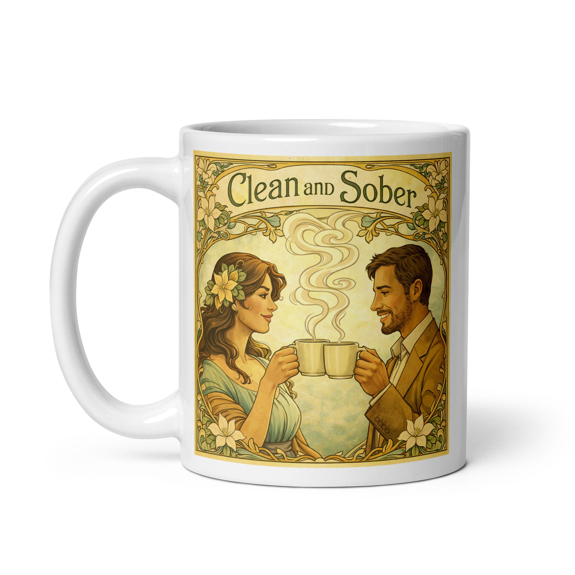 Beautiful and striking Art Nouveau style clean and sober coffee mug design featuring vintage floral borders and a smiling couple sharing coffee in a peaceful 19th century inspired recovery scene.