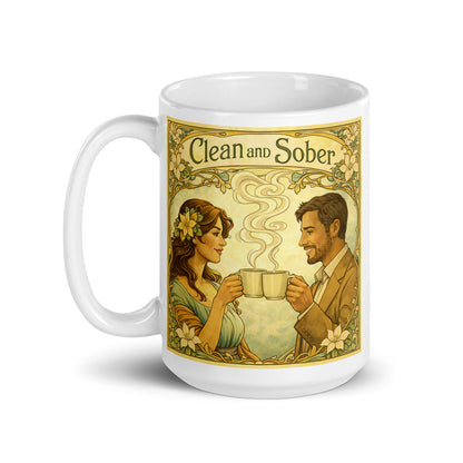 Lovely and intriguing Art Nouveau style clean and sober coffee mug design featuring vintage floral borders and a smiling couple sharing coffee in a peaceful 19th century inspired recovery scene.