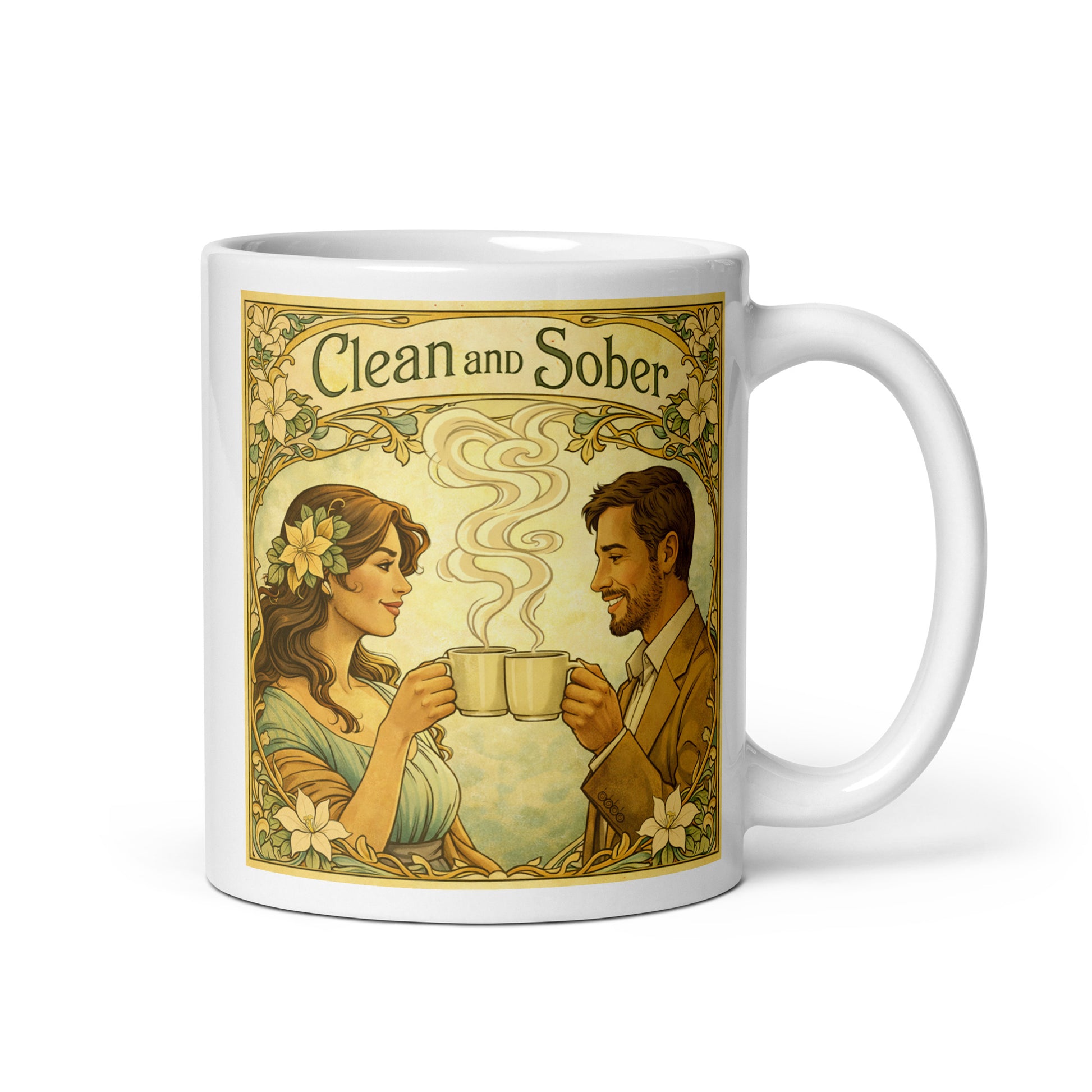 Art Nouveau style clean and sober coffee mug design featuring vintage floral borders and a smiling couple sharing coffee in a peaceful 19th century inspired recovery scene.
