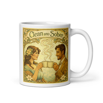 Art Nouveau style clean and sober coffee mug design featuring vintage floral borders and a smiling couple sharing coffee in a peaceful 19th century inspired recovery scene.