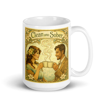 Colorful and lively Art Nouveau style clean and sober coffee mug design featuring vintage floral borders and a smiling couple sharing coffee in a peaceful 19th century inspired recovery scene.