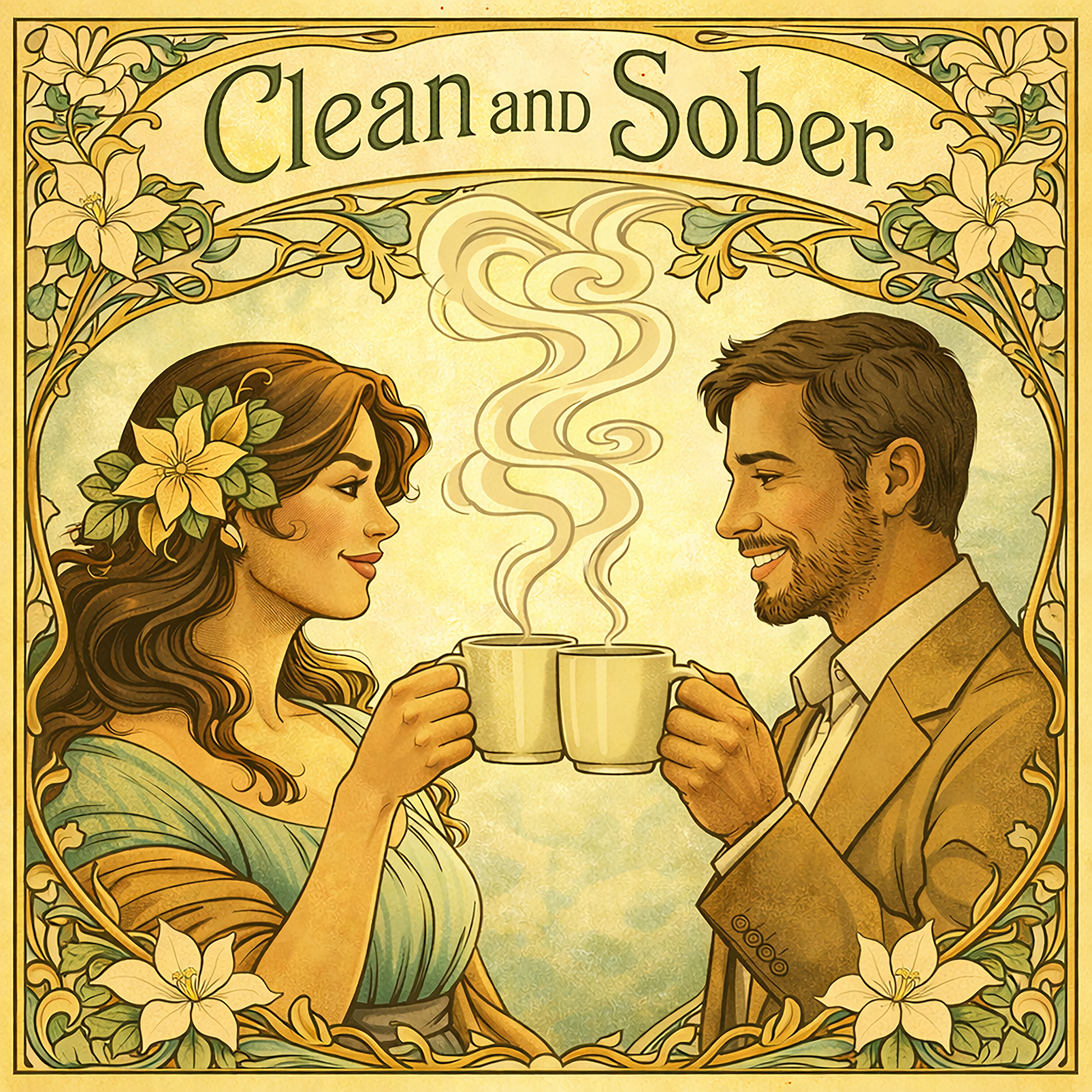 Thumbnail of an Art Nouveau style clean and sober coffee mug design featuring vintage floral borders and a smiling couple sharing coffee in a peaceful 19th century inspired recovery scene.