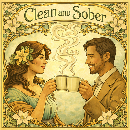 Thumbnail of an Art Nouveau style clean and sober coffee mug design featuring vintage floral borders and a smiling couple sharing coffee in a peaceful 19th century inspired recovery scene.