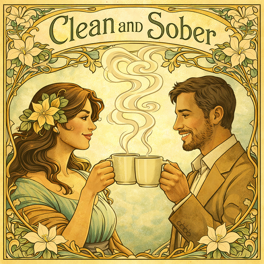 Thumbnail of an Art Nouveau style clean and sober coffee mug design featuring vintage floral borders and a smiling couple sharing coffee in a peaceful 19th century inspired recovery scene.