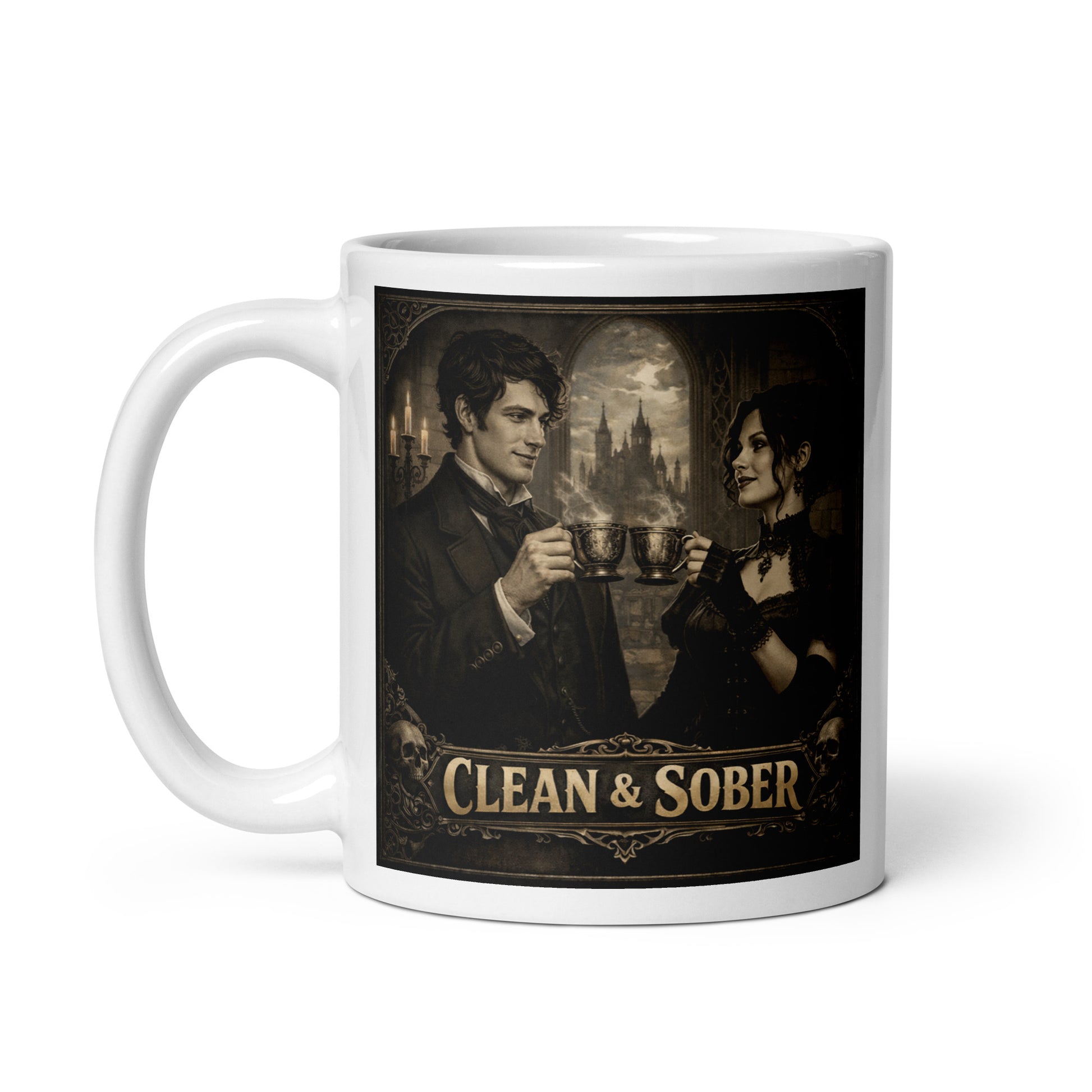 Beautiful and striking Victorian gothic clean and sober coffee mug design featuring elegant 19th century couple sharing coffee in dark academia cathedral setting with vintage recovery theme.