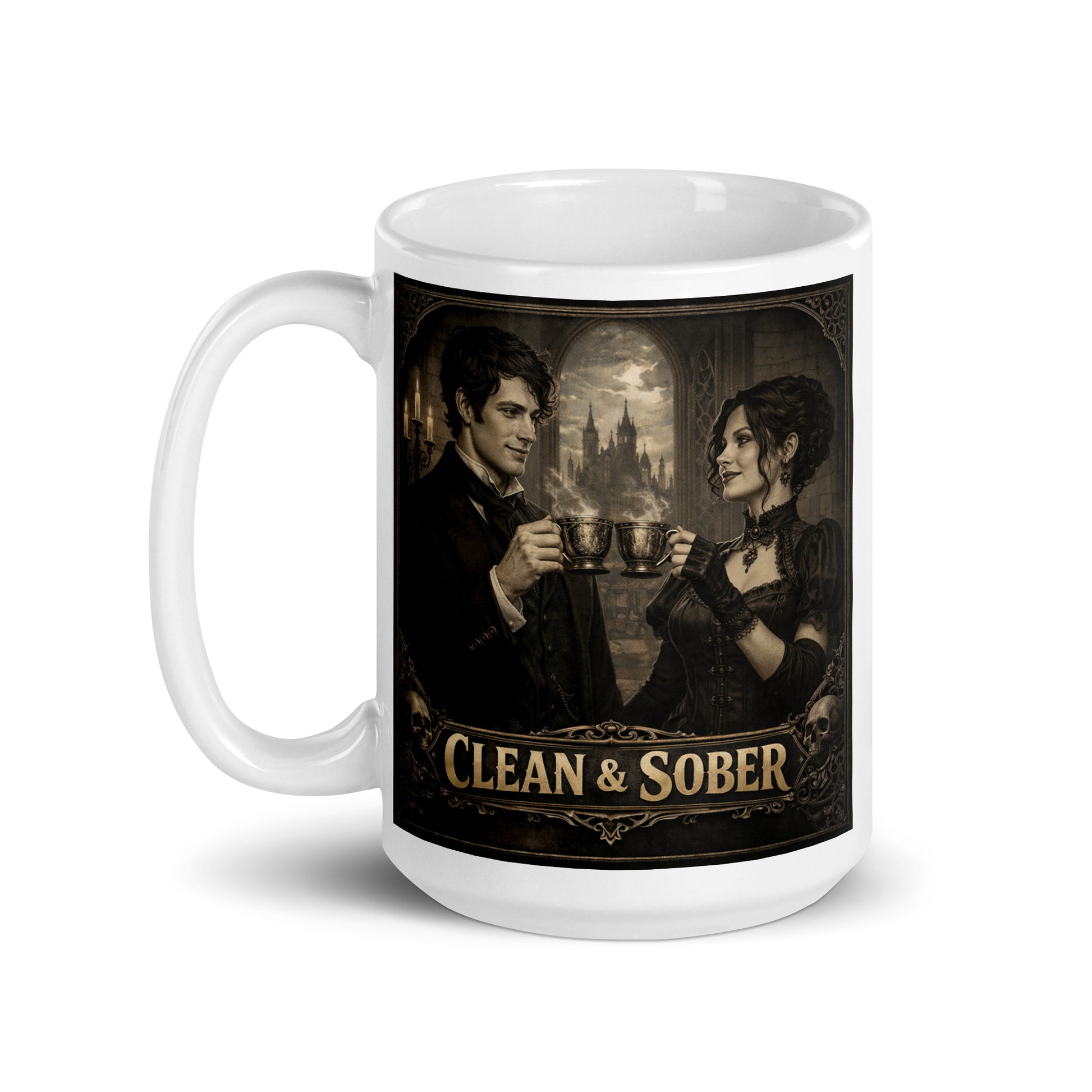 Mysterious and intriguing Victorian gothic clean and sober coffee mug design featuring elegant 19th century couple sharing coffee in dark academia cathedral setting with vintage recovery theme.