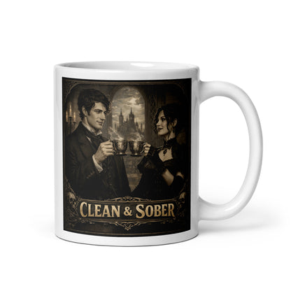 Victorian gothic clean and sober coffee mug design featuring elegant 19th century couple sharing coffee in dark academia cathedral setting with vintage recovery theme.