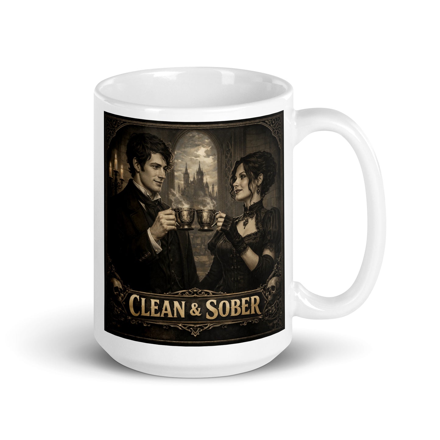 Dark and mysterious Victorian gothic clean and sober coffee mug design featuring elegant 19th century couple sharing coffee in dark academia cathedral setting with vintage recovery theme.