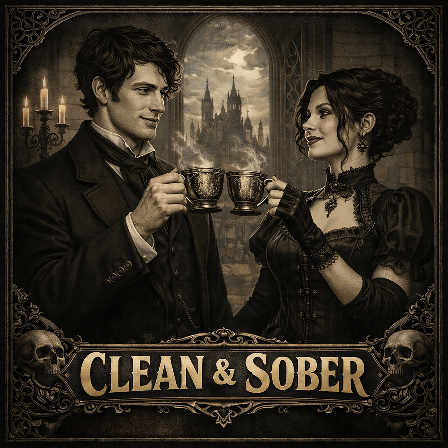 Thumbnail of a Victorian gothic clean and sober coffee mug design featuring elegant 19th century couple sharing coffee in dark academia cathedral setting with vintage recovery theme.