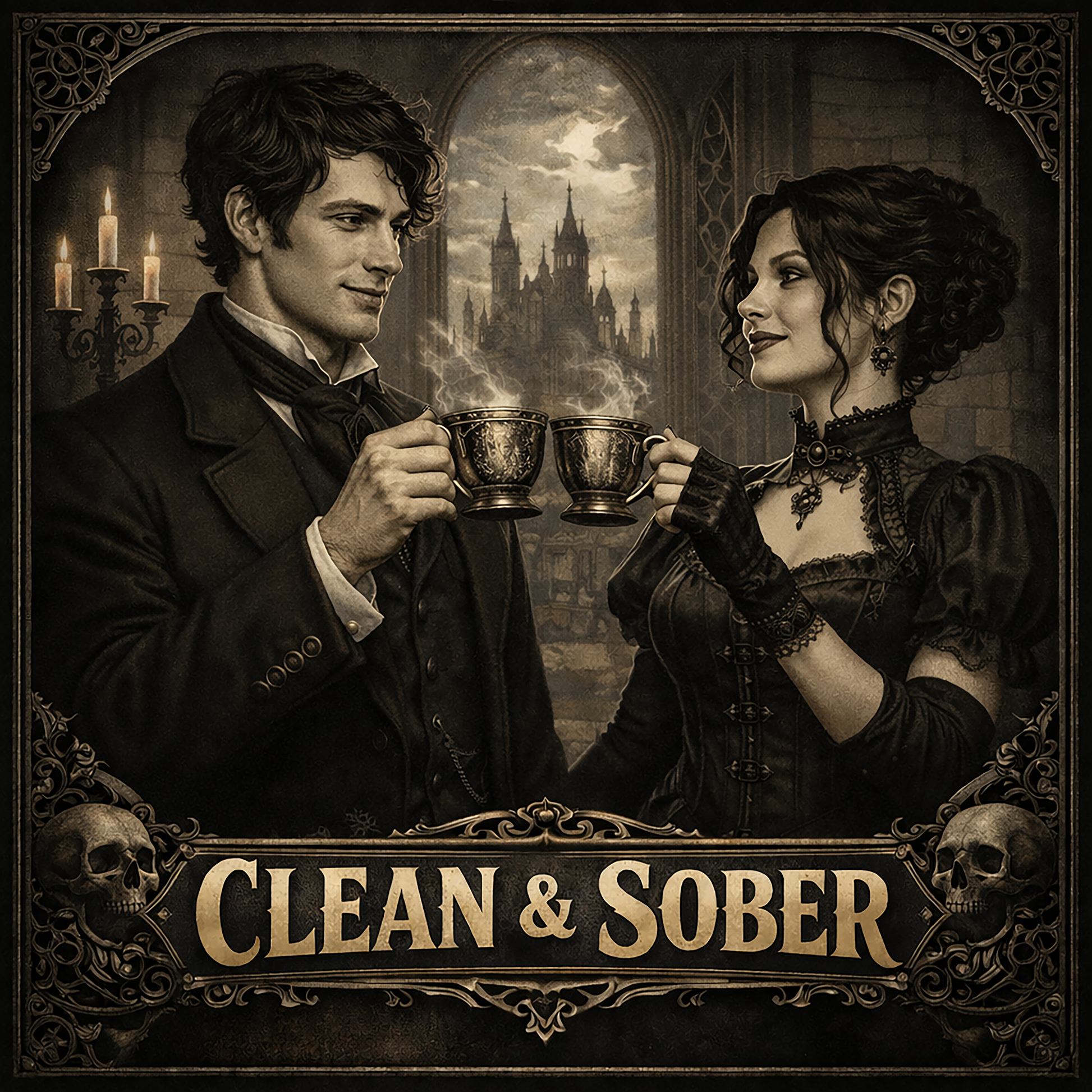 Thumbnail of a Victorian gothic clean and sober coffee mug design featuring elegant 19th century couple sharing coffee in dark academia cathedral setting with vintage recovery theme.