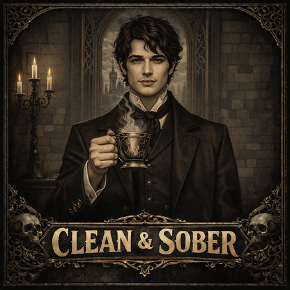 Thumbnail of a Dark academia gothic style coffee mug featuring a brooding young Victorian man in a black coat holding a steaming ornate brass cup by candlelight in a stone gothic hall with "Clean & Sober" in aged gold lettering and skull corner details