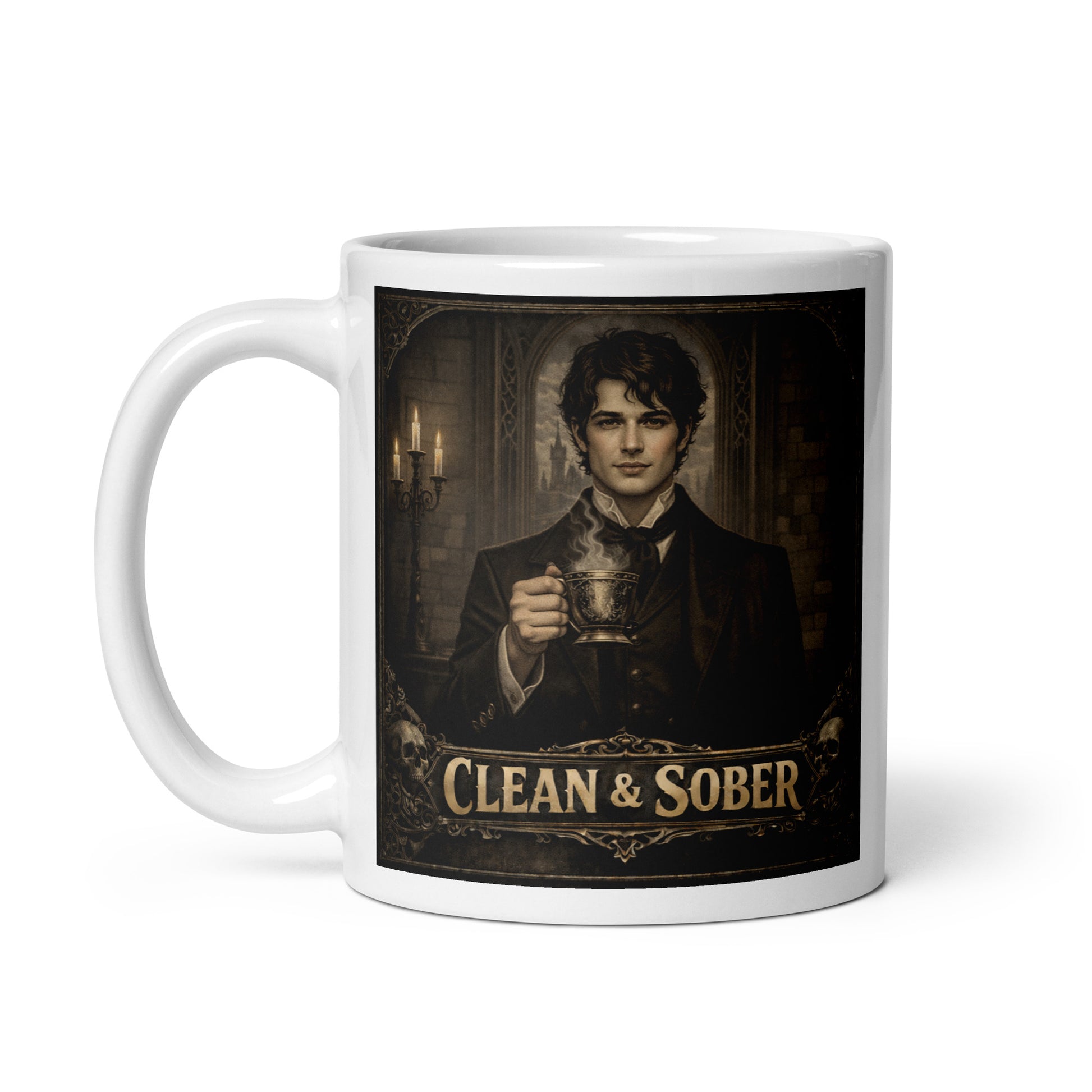 Mysterious Dark academia gothic style coffee mug featuring a brooding young Victorian man in a black coat holding a steaming ornate brass cup by candlelight in a stone gothic hall with "Clean & Sober" in aged gold lettering and skull corner details