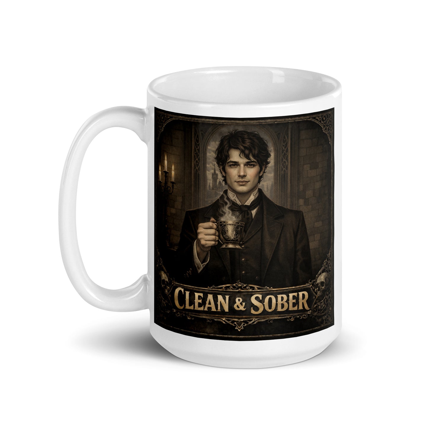 Mysterious and intriguing Dark academia gothic style coffee mug featuring a brooding young Victorian man in a black coat holding a steaming ornate brass cup by candlelight in a stone gothic hall with "Clean & Sober" in aged gold lettering and skull corner details
