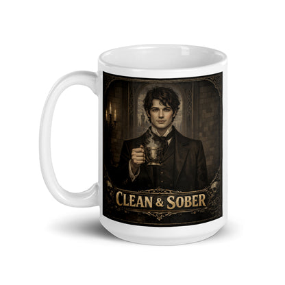 Mysterious and intriguing Dark academia gothic style coffee mug featuring a brooding young Victorian man in a black coat holding a steaming ornate brass cup by candlelight in a stone gothic hall with "Clean & Sober" in aged gold lettering and skull corner details