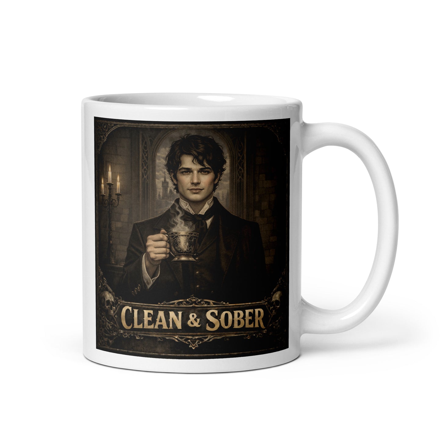 Dark academia gothic style coffee mug featuring a brooding young Victorian man in a black coat holding a steaming ornate brass cup by candlelight in a stone gothic hall with "Clean & Sober" in aged gold lettering and skull corner details
