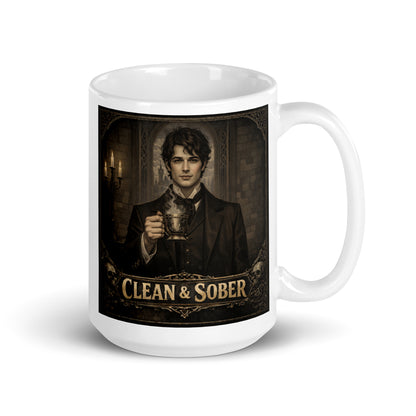 Beautiful and striking Dark academia gothic style coffee mug featuring a brooding young Victorian man in a black coat holding a steaming ornate brass cup by candlelight in a stone gothic hall with "Clean & Sober" in aged gold lettering and skull corner details