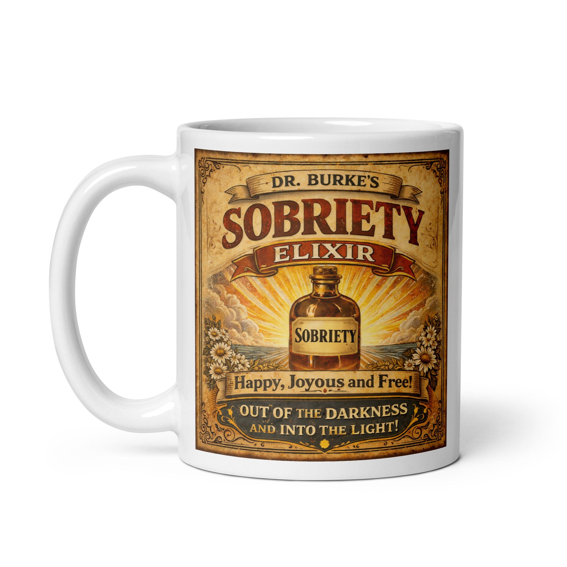 Beautiful and striking Vintage 19th century sobriety elixir coffee mug design featuring antique apothecary bottle labeled sobriety with retro Victorian typography and inspirational recovery message.