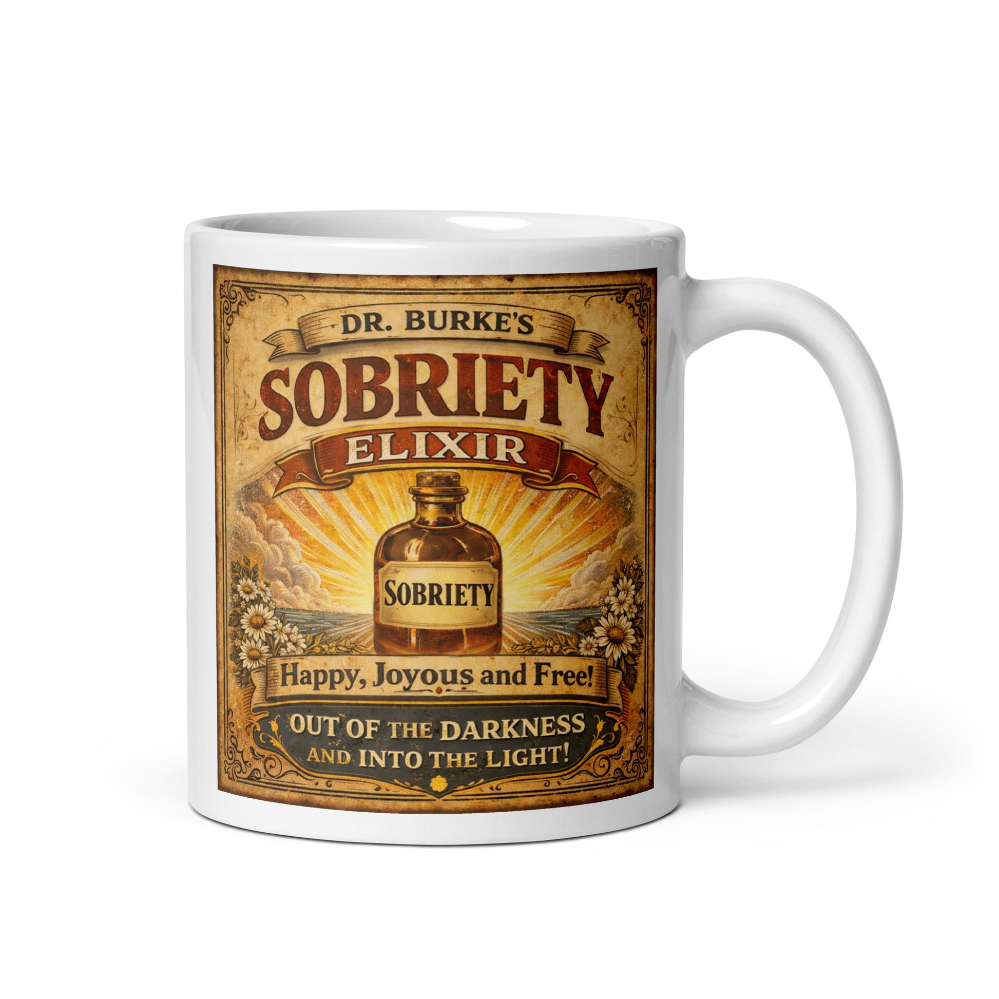 Vintage 19th century sobriety elixir coffee mug design featuring antique apothecary bottle labeled sobriety with retro Victorian typography and inspirational recovery message.