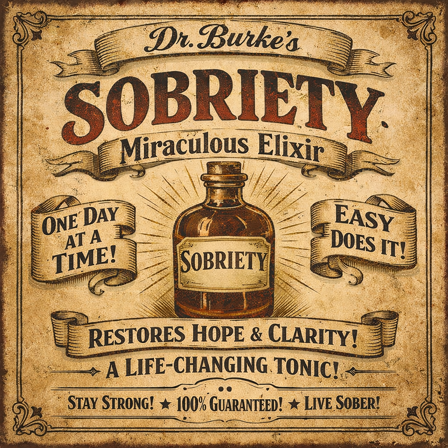 Thumbnail of a Vintage 19th century sobriety advertisement coffee mug design featuring Dr. Burke’s Sobriety Elixir bottle with distressed Victorian typography, ornate scrollwork, and inspirational recovery phrases about hope,