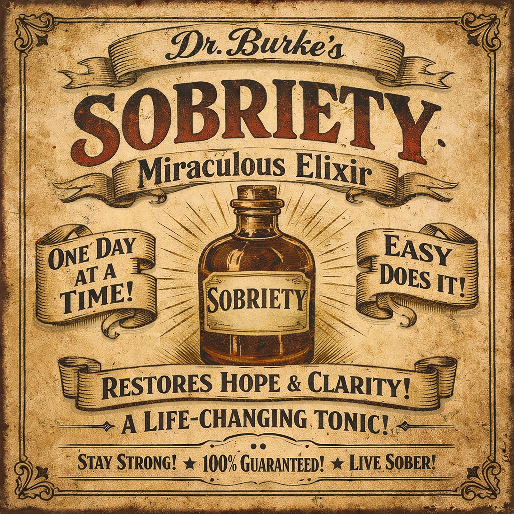Thumbnail of a Vintage 19th century sobriety advertisement coffee mug design featuring Dr. Burke’s Sobriety Elixir bottle with distressed Victorian typography, ornate scrollwork, and inspirational recovery phrases about hope,