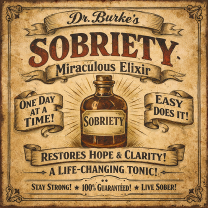 Thumbnail of a Vintage 19th century sobriety advertisement coffee mug design featuring Dr. Burke’s Sobriety Elixir bottle with distressed Victorian typography, ornate scrollwork, and inspirational recovery phrases about hope,